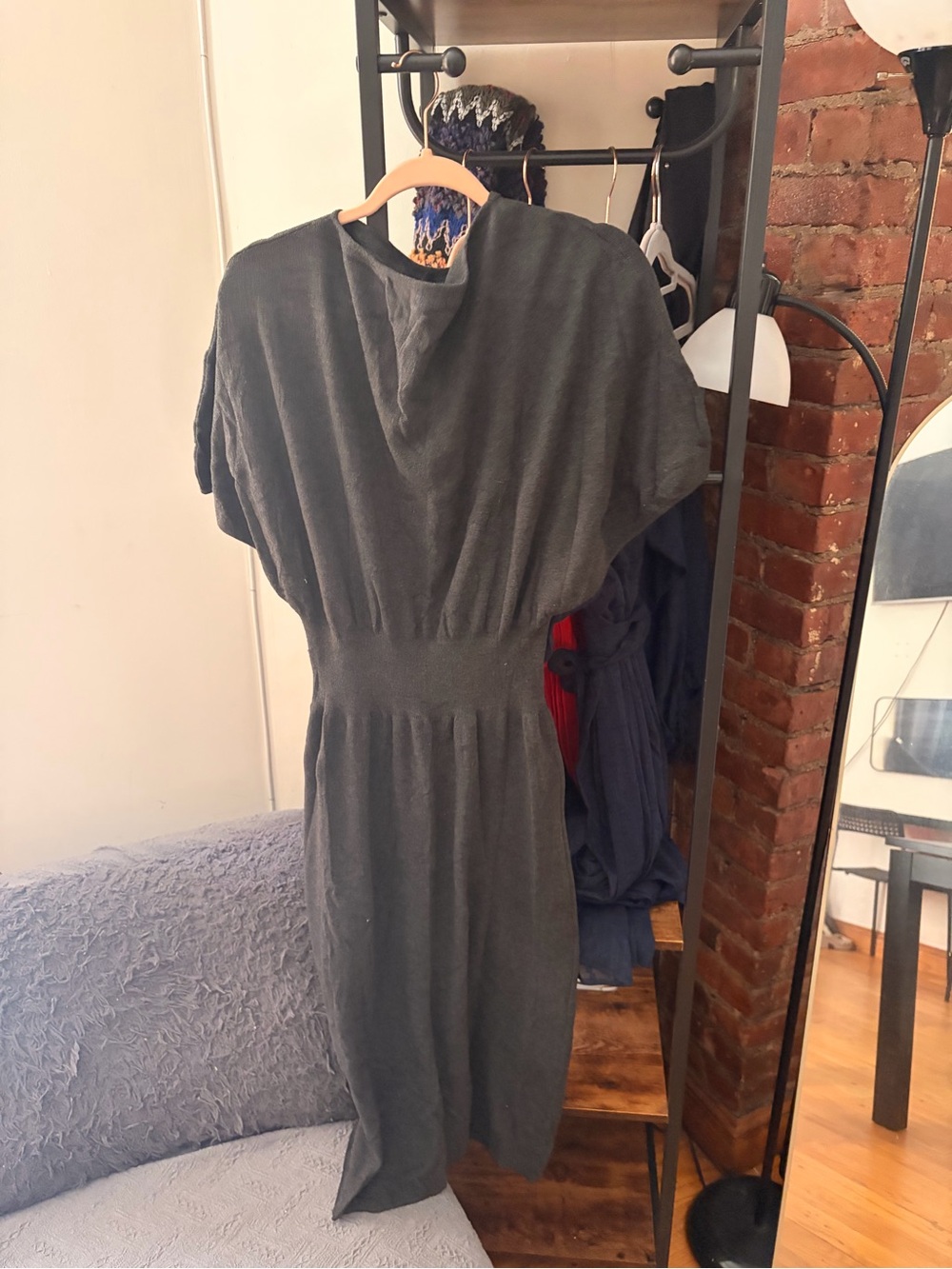 Zara Wool Slate Gray Gathered-Waist Midi Dress